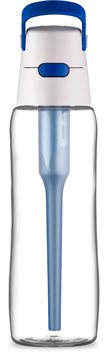 Butelka na wodę z białą pokrywką i niebieskimi akcentami.