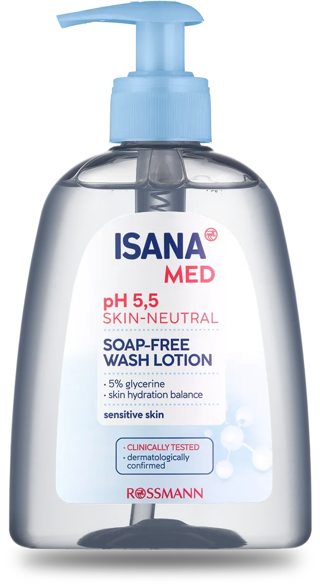 Butelka płynu do mycia Isana Med z przezroczystym plastikowym korpusem.