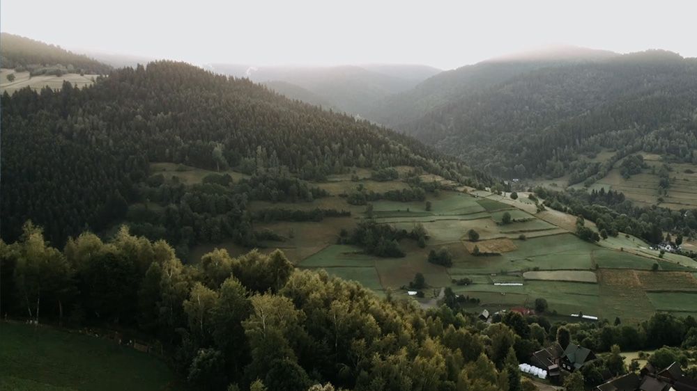Spokojny krajobraz pofałdowanych wzgórz i gór porośniętych drzewami, z małą wioską położoną w dolinie.