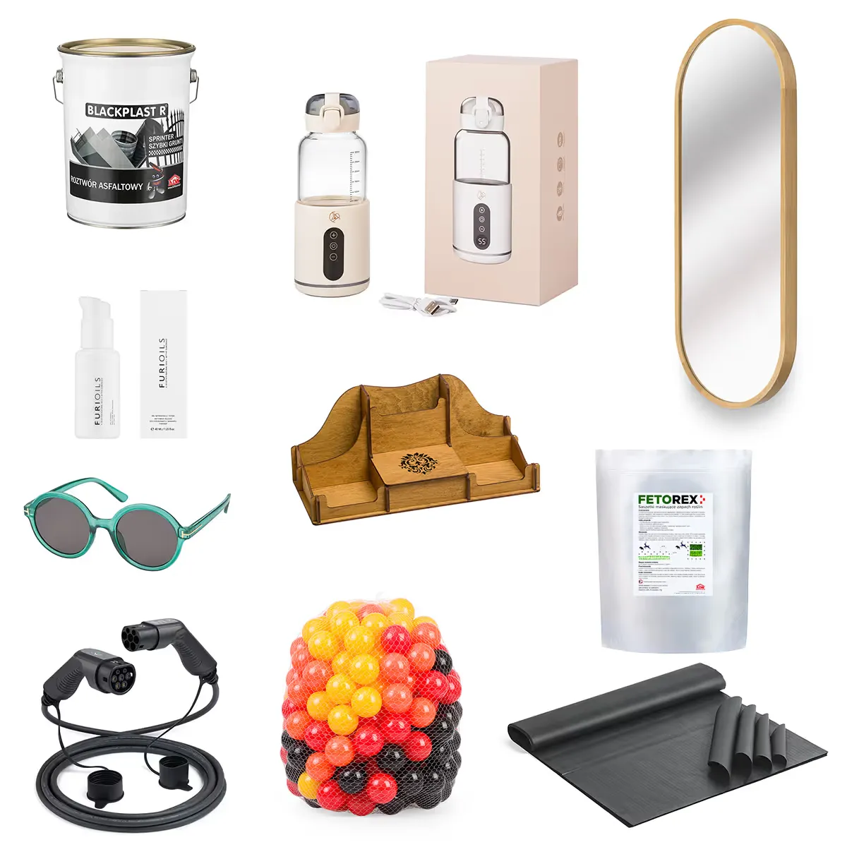 Kolekcja różnych wyszparowanych produktów na idealnie białym tle.