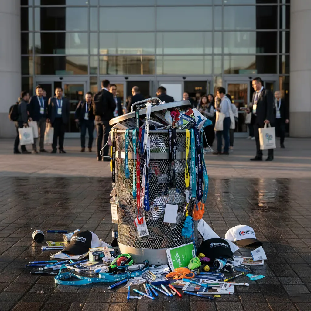 Fotografia przedstawia gadżety z targów leżące w śmietniku i obok niego. W tle widoczni są ludzie i hala targowa.