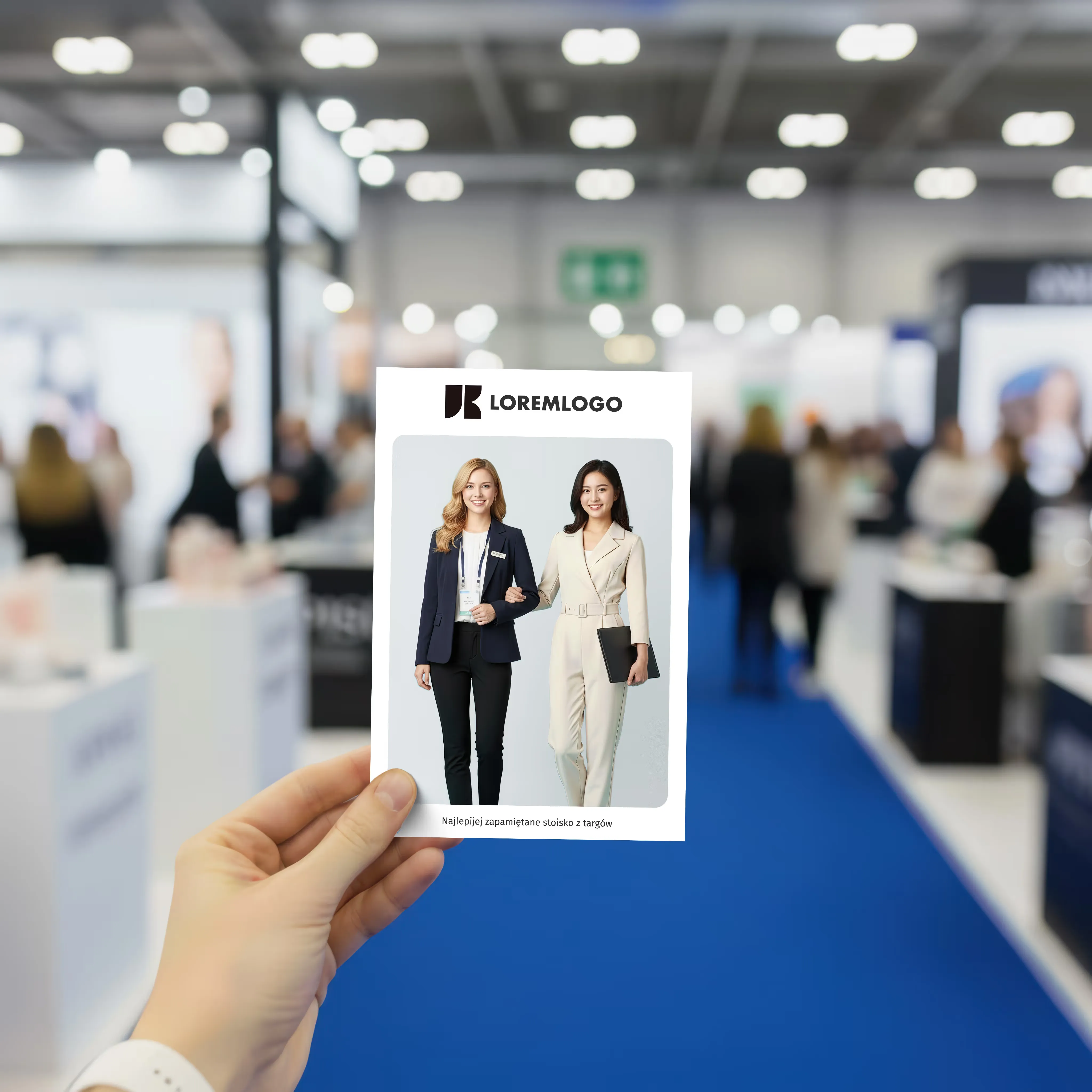 Wizualizacja drukowanego zdjęcia trzymanego w dłoni. W tle stoiska targowe. Na wydruku znajdują się dwie osoby, a zdjęcie jest opatrzone ramką z logotypem firmy.