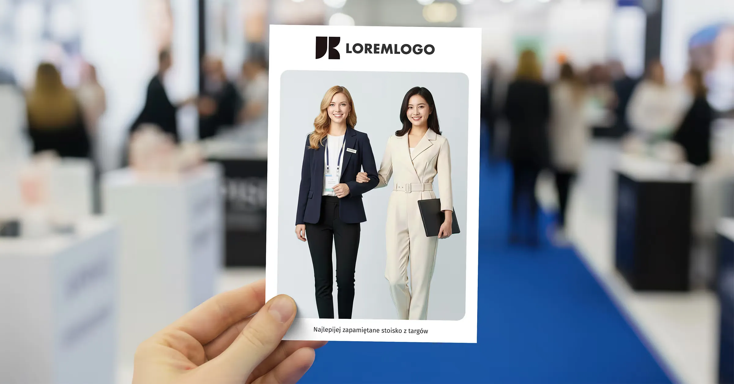 Wizualizacja drukowanego zdjęcia trzymanego w dłoni. W tle stoiska targowe. Na wydruku znajdują się dwie osoby, a zdjęcie jest opatrzone ramką z logotypem firmy.